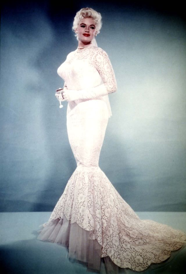 Jayne Mansfield in her wedding gown for her marriage to Mickey Hargitay, January 13, 1958