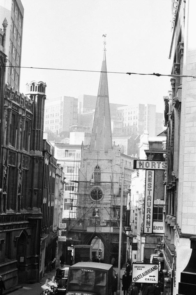 St Johns Arch on Broad Street, Bristol leading to St John the Baptist Church, 1967.