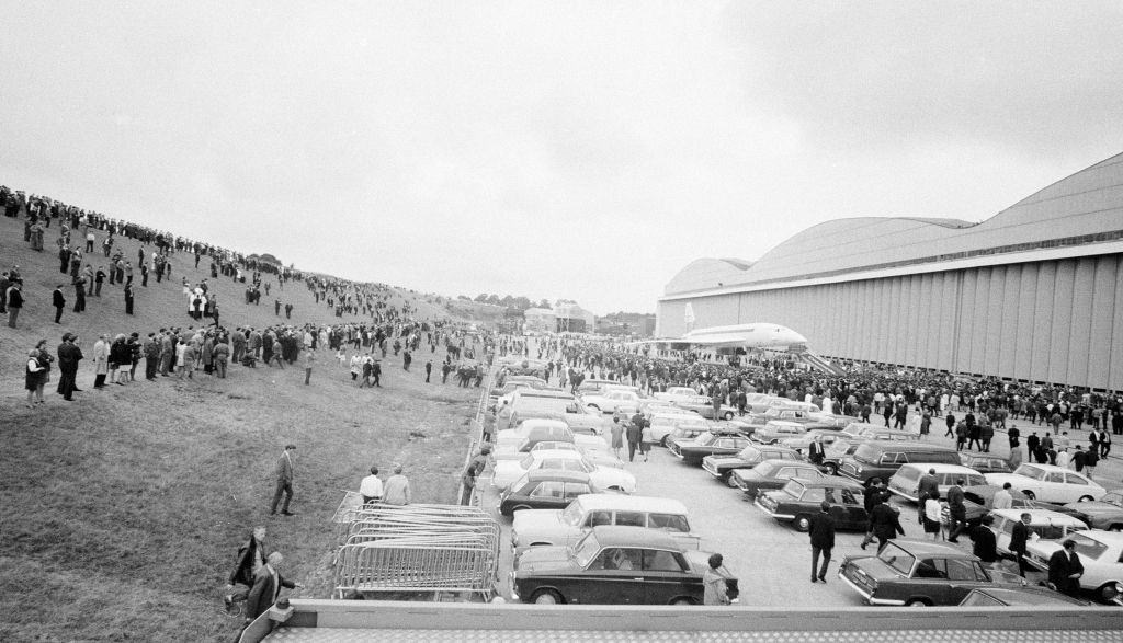Concorde prototype 002 makes its first official public appearance in the UK as it is towed from its hanger at Filton in Bristol, 1968.