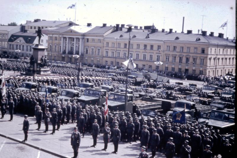 Parade of the Finnish Defense Forces flagship at Senate Square, Helsinki, 1967