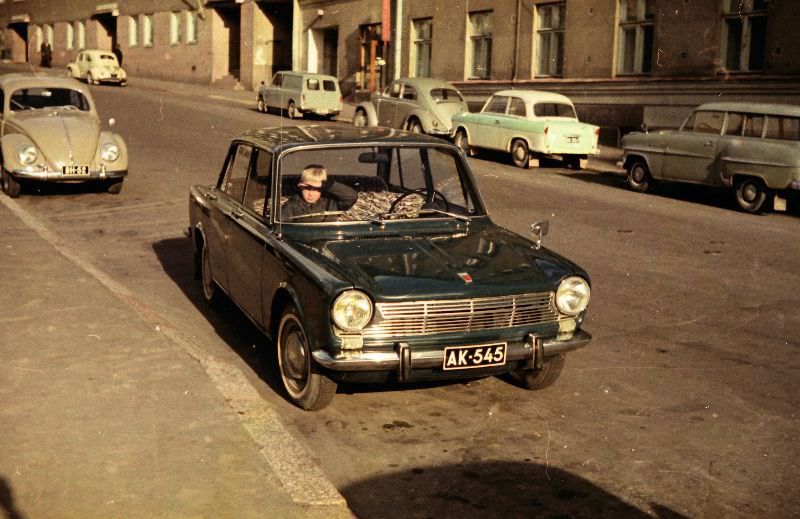 Simca 1300 on street in Kallio, Helsiki, 1963