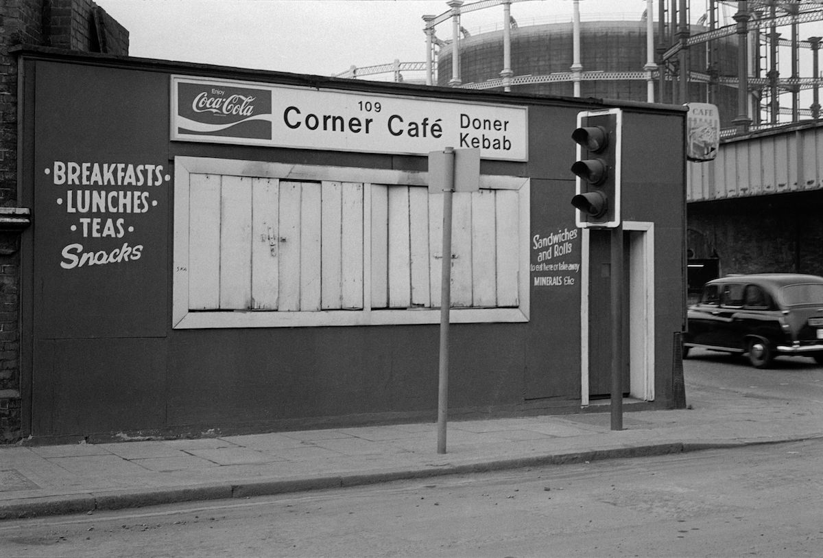 Corner Cafe, Phoenix Rd:Midland Rd and gas holders, Camden, 1980