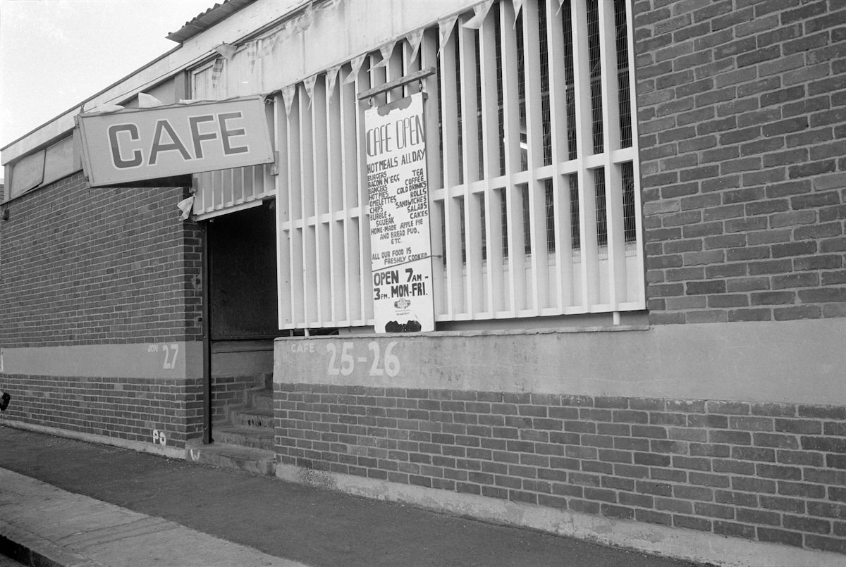 Café on North Woolwich Road, Silvertown, Newham, 1983