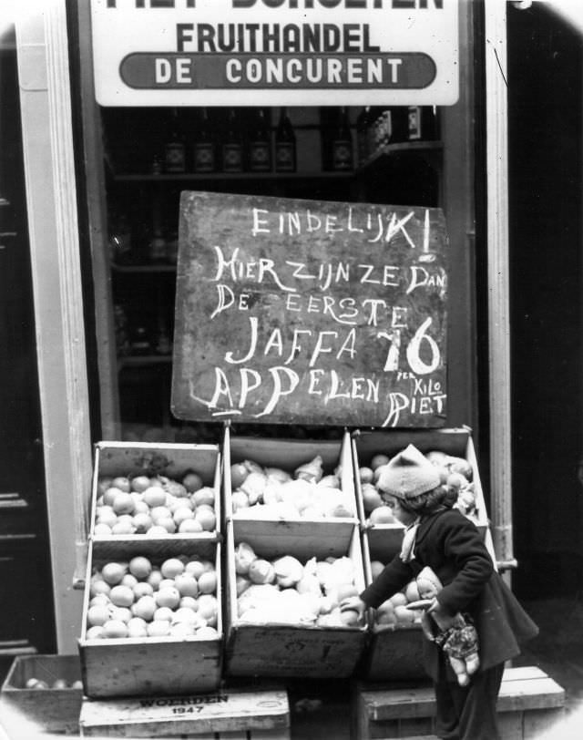 Fruitshandel 'De Concurrent' from Piet Scholten has orange juice again: 'Finally, here they are the first Jaffa apples, 16 (cents) per kilo, Piet'. Amsterdam, January 1948