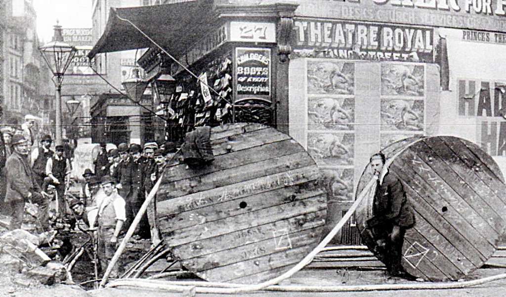 First electric-cables being laid in Bristol's High Street, 1893