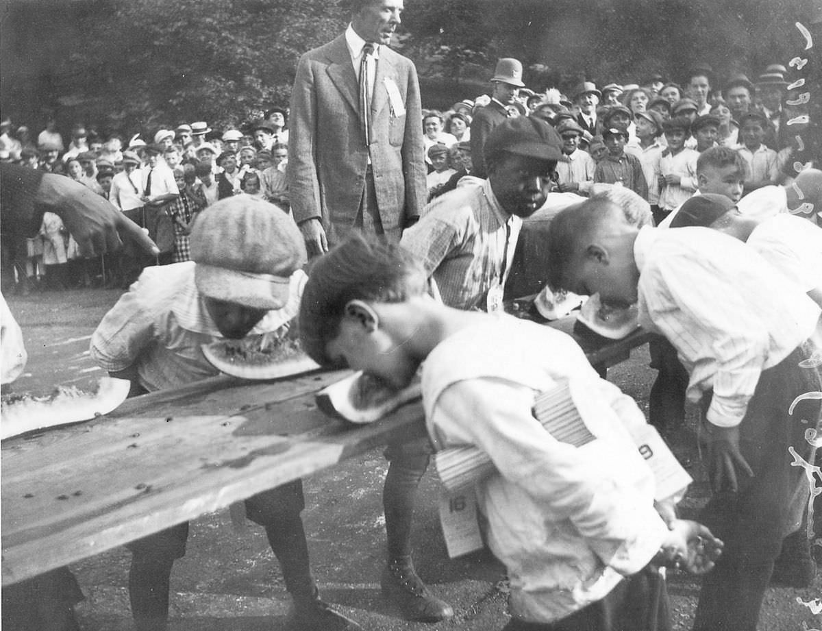 A watermelon-eating contest in Cincinnatti, Ohio, 1915.
