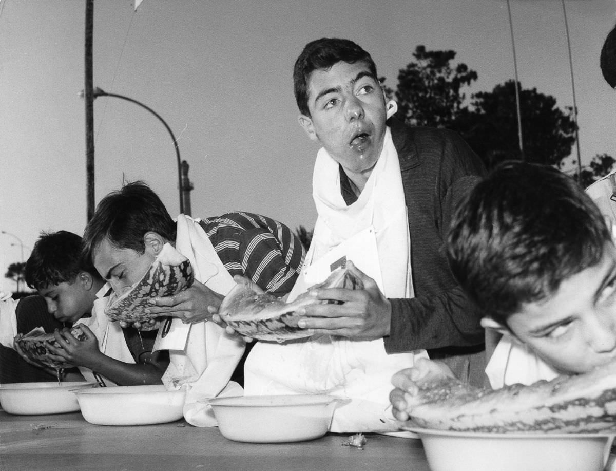 A watermelon-eating contest in Rome, Italy, 1950.