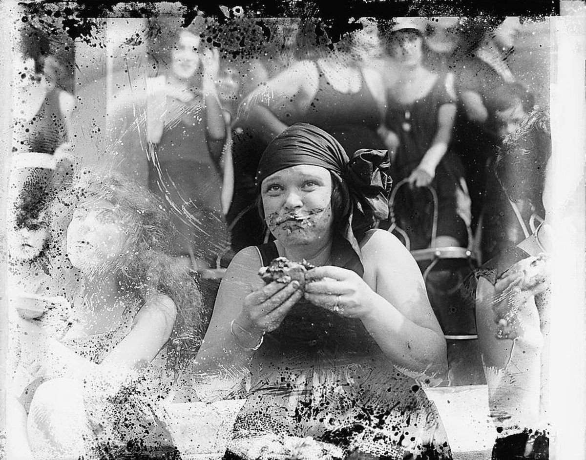 Mrs. Vincent Cosamano at a pie eating contest contest held at the Tidal Basin, Washington D.C, 1921.