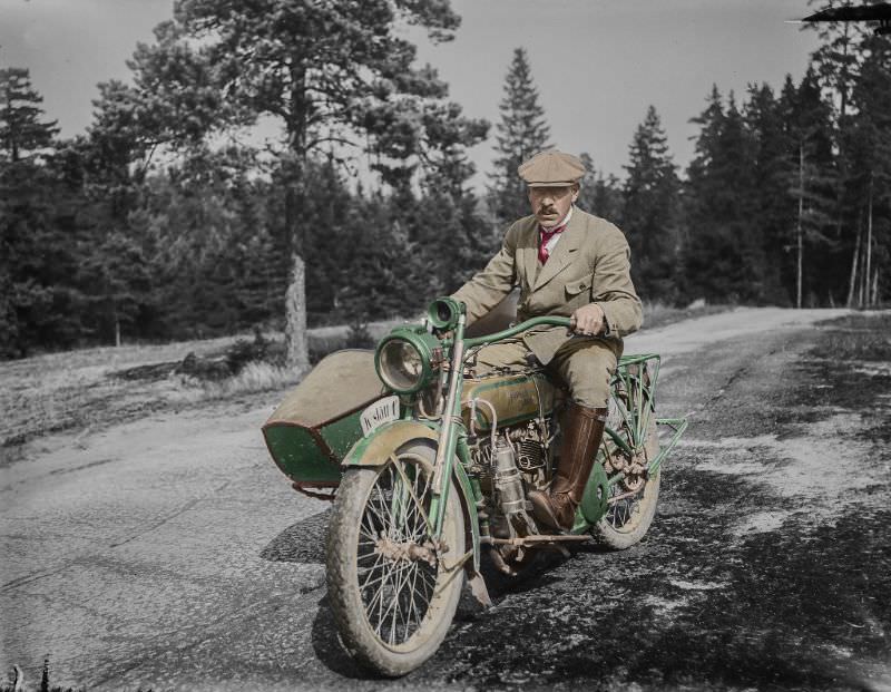 Finnish veteranarian Bernhard Åberg and his Harley Davidson in 1922