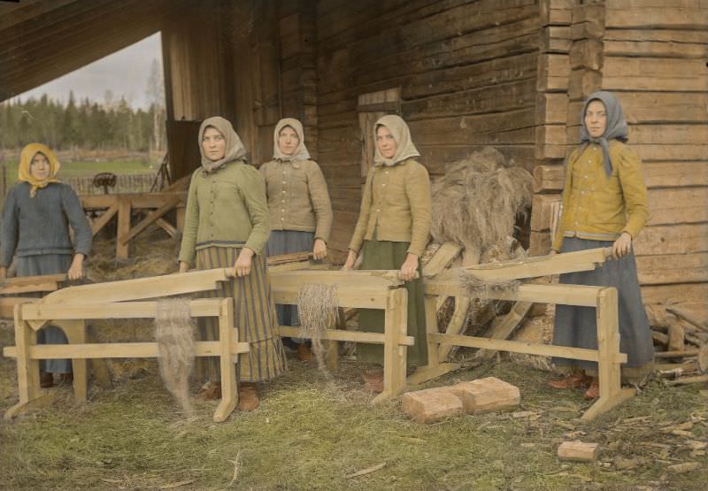 Flax processing in the village of Pörtom in Ostrobothnia (Swedish speaking area in Finland) in 1912
