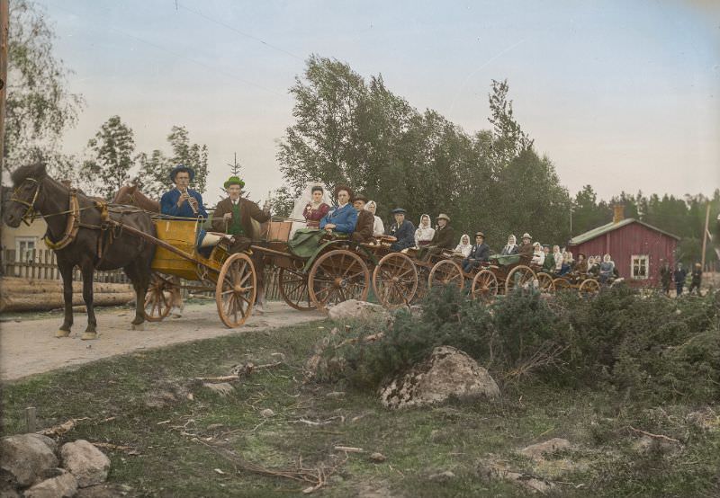 A traditional wedding cortege in the Swedish speaking area of Ostrobothnia in Finland on the way to church, 1913