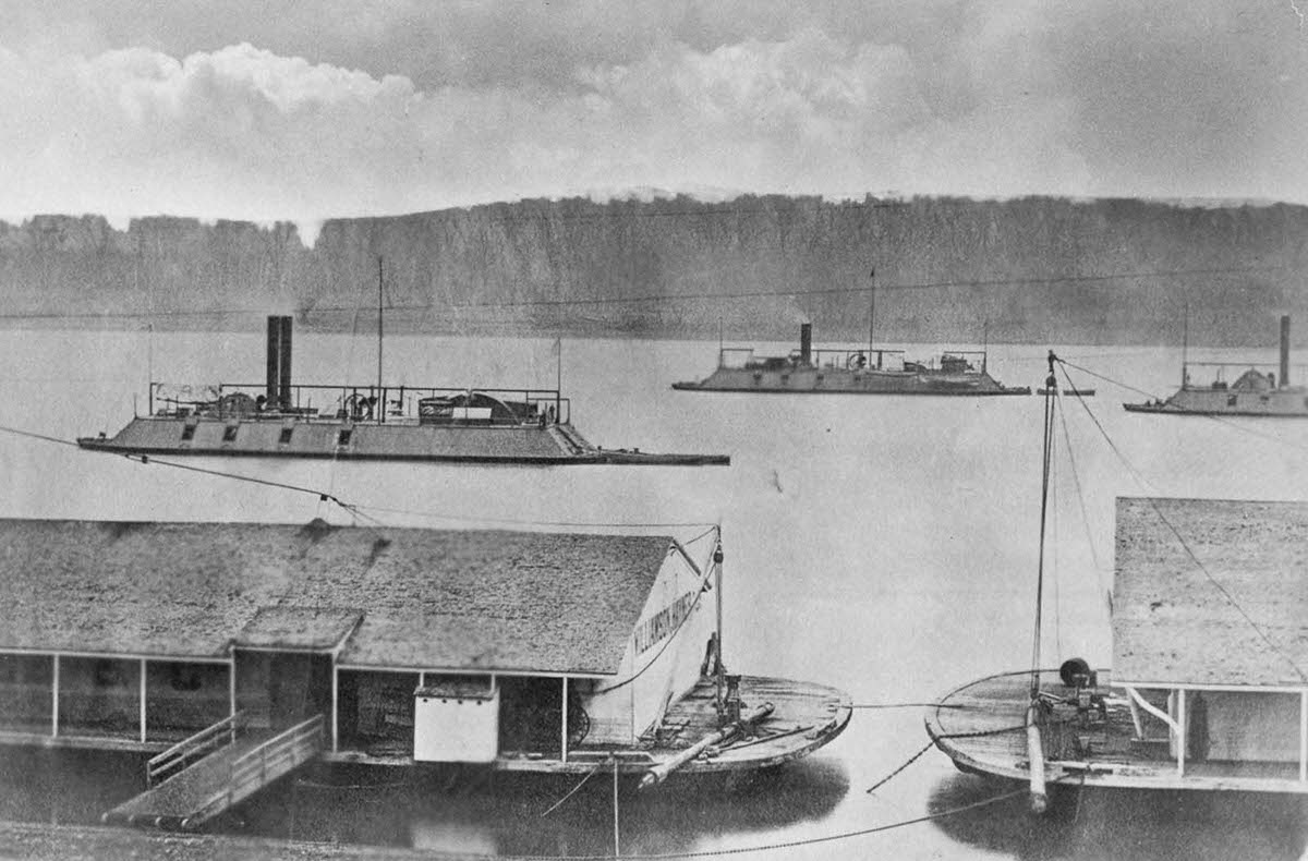 Union gunboats DeKalb, Mound City, and Cincinnati in the Mississippi River, 1864.