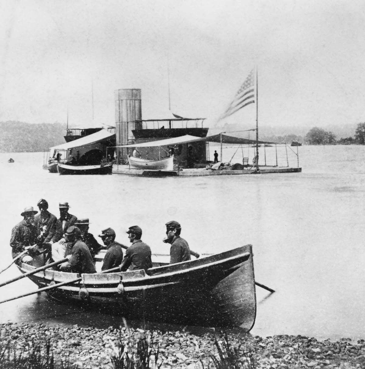 Union soldiers row out to the gunboat Onondaga on the James River near RIchmond, Virginia, 1862.
