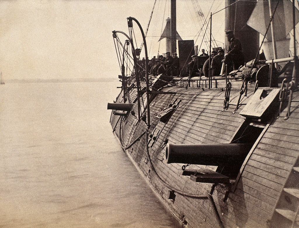 The Union ironclad USS Galena has cannonballs embedded in her side after a battle with Confederate batteries on the James River, 1862.