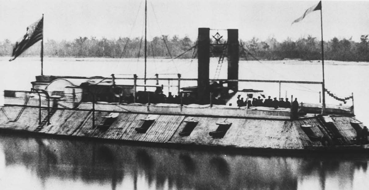 The USS St. Louis, a City-class ironclad gunboat constructed for the Union Navy, 1861.