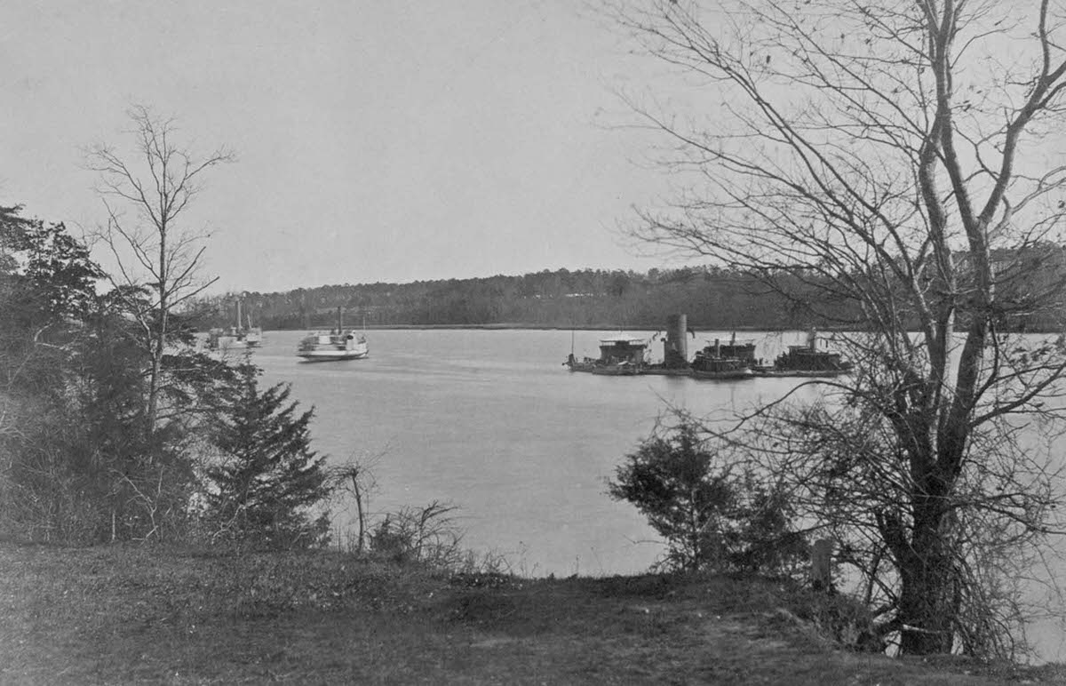 The double-turreted ironclad gunboat Onondaga in the James River in Virginia, 1863.