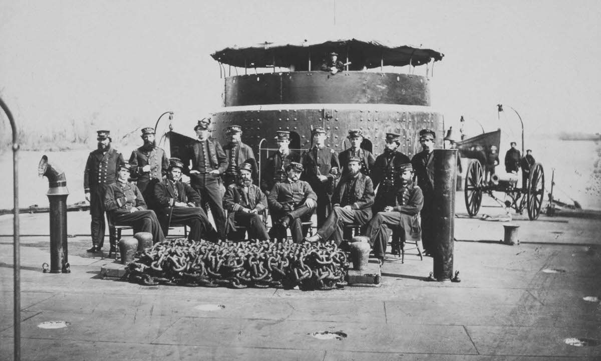 Officers on the deck of a Monitor-class warship, 1863.