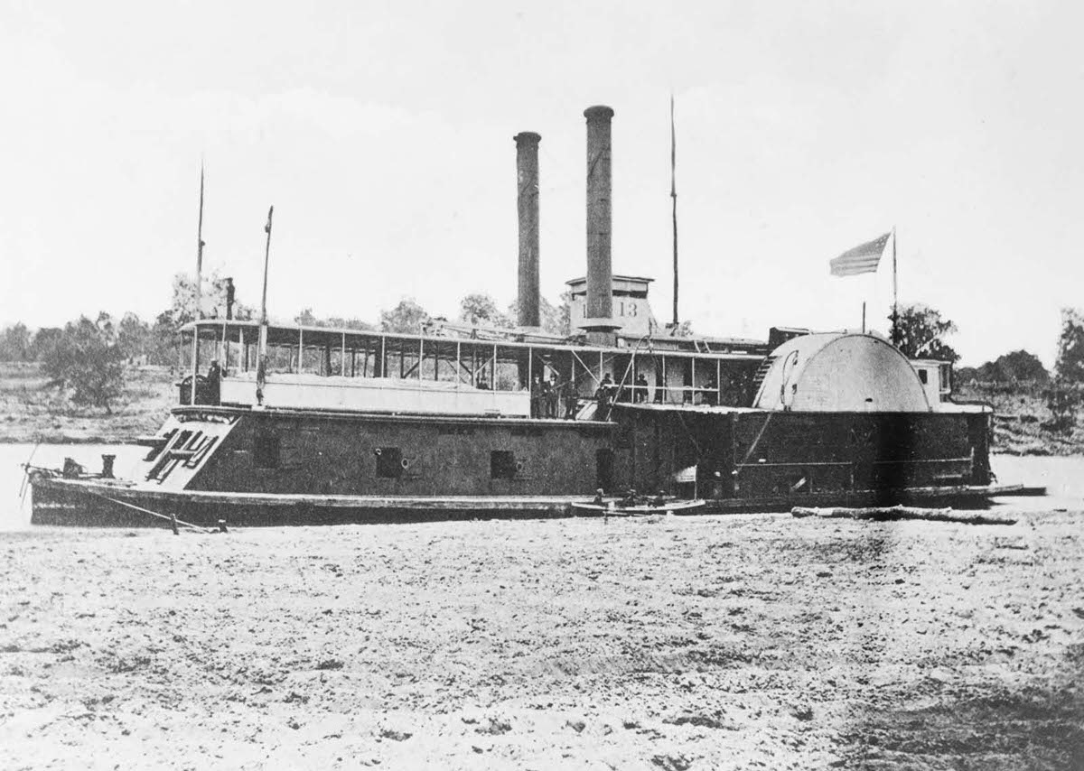 The Union gunboat USS Fort Hindman in the Mississippi River, 1863.