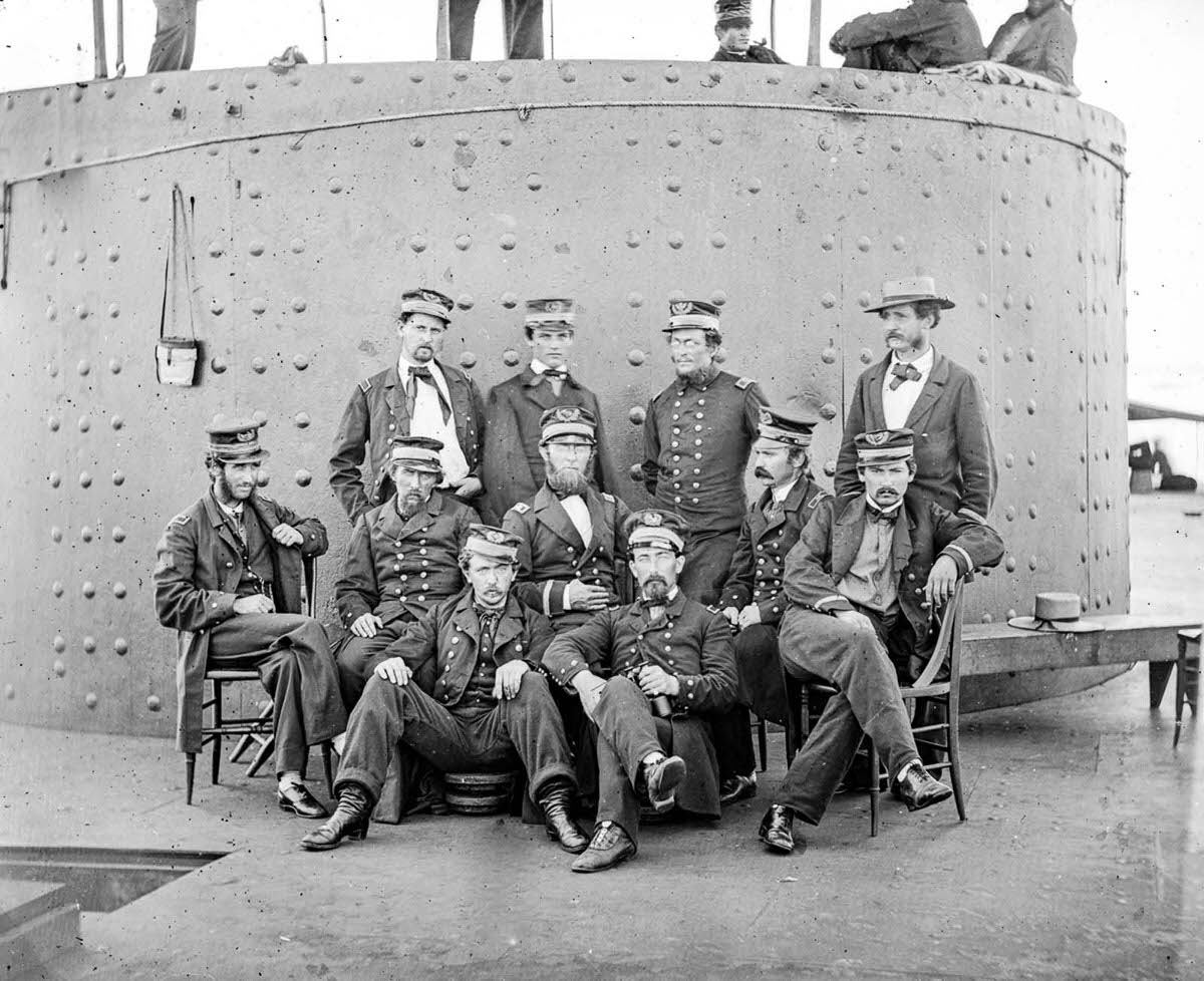 Officers on the deck of a Monitor-class gunboat, 1864.