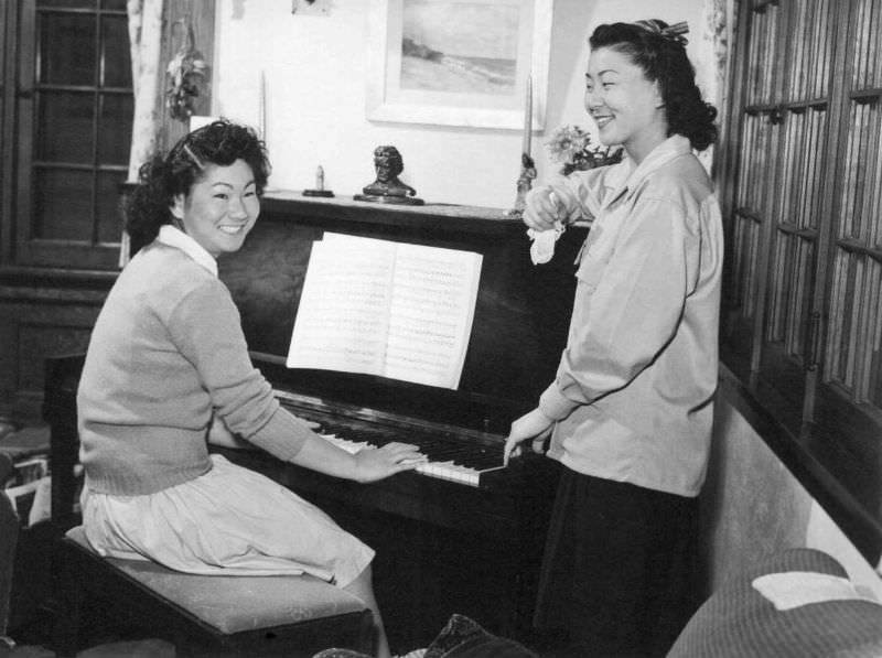 Mary Kageyama, Song Bird of Manzanar, and her younger sister, Tillie, at the piano, have relocated in Pasadena.