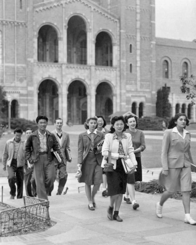 Nisei students arriving on the campus at the University of California in Los Angeles, 1945.