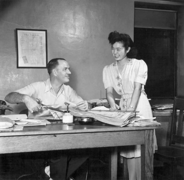 Mei Yamasaki, relocated in Indianapolis from the Tule Lake Center, is now employed as secretary and office manager of The Union, an Indiana labor paper, 1944.