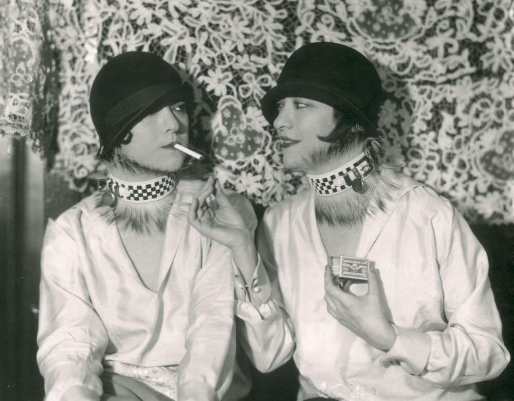 The Dolly Sisters (Jenny and Rosie), Paris, 1924, Modeling ‘Bulldog’ Collars by Marthe Regnier.