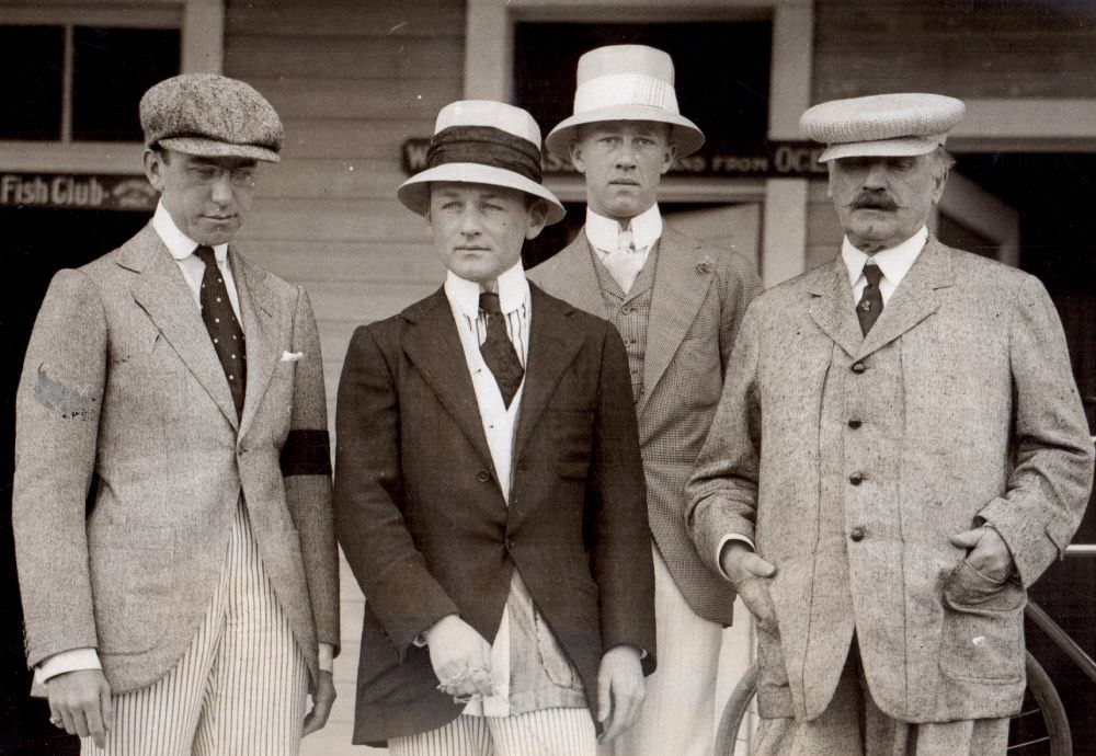 These four men, photographed in America in 1921, illustrate the transitionary period in men's fashion