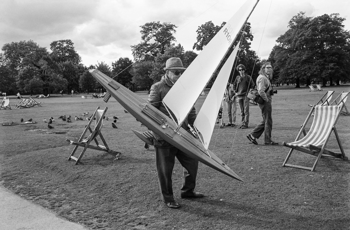 Man with model yacht, Round Pond, Kensington Gardens, Kensington and Chelsea, 1987