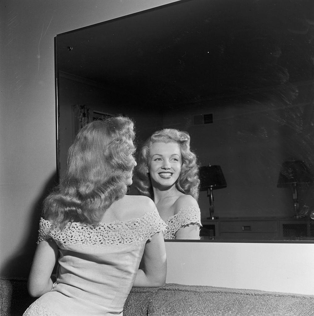 Marilyn Monroe promoting the movie 'Love Happy', 1949.