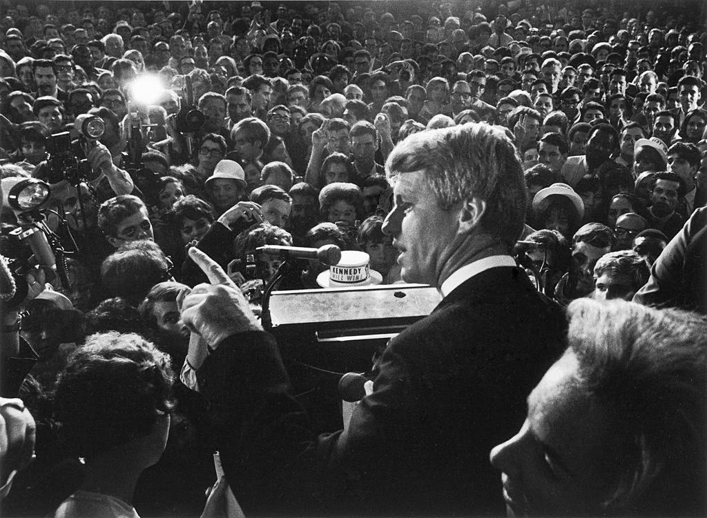 Robert Kennedy with his wife Ethel standing at podium. June 05, 1968