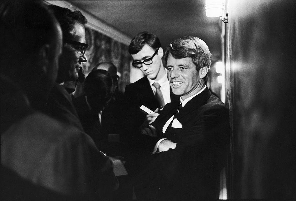 Robert Kennedy talks with reporters at the the Ambassador Hotel.