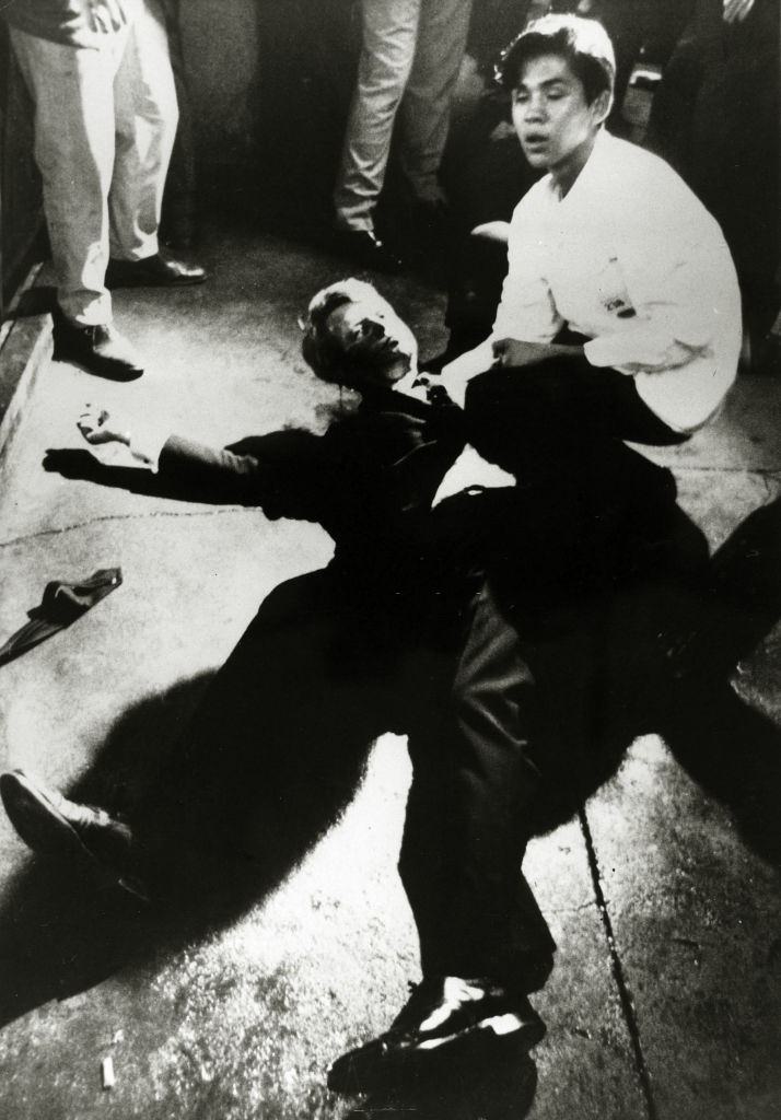 Robert F. Kennedy lies sprawled on the floor at the Ambassador Hotel after being shot.
