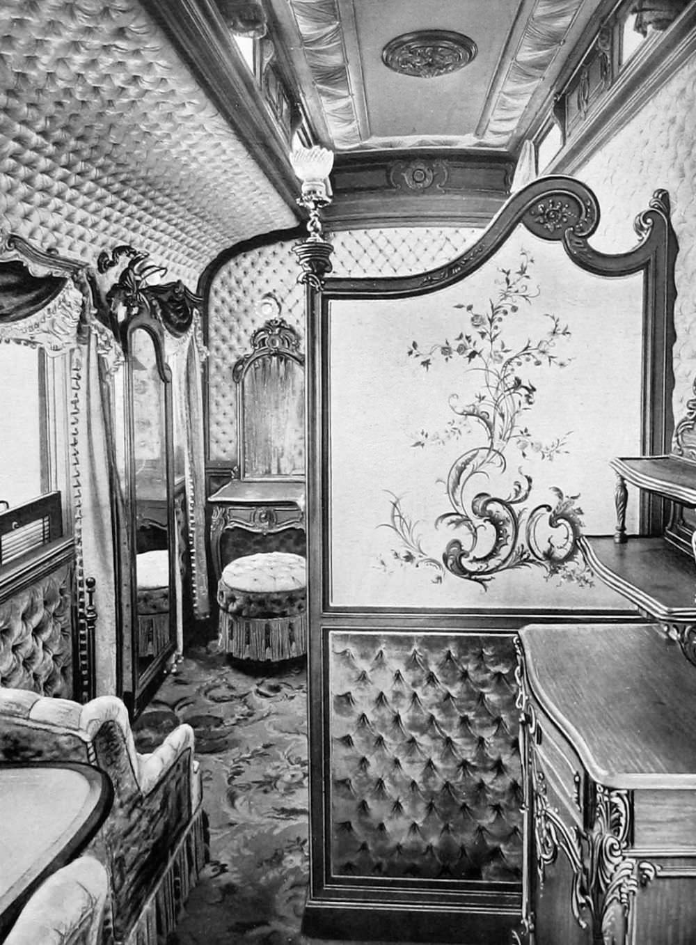 The cars painted in dark blue and decorated with gilding looked beautiful. Detail of interior of the Imperial train.