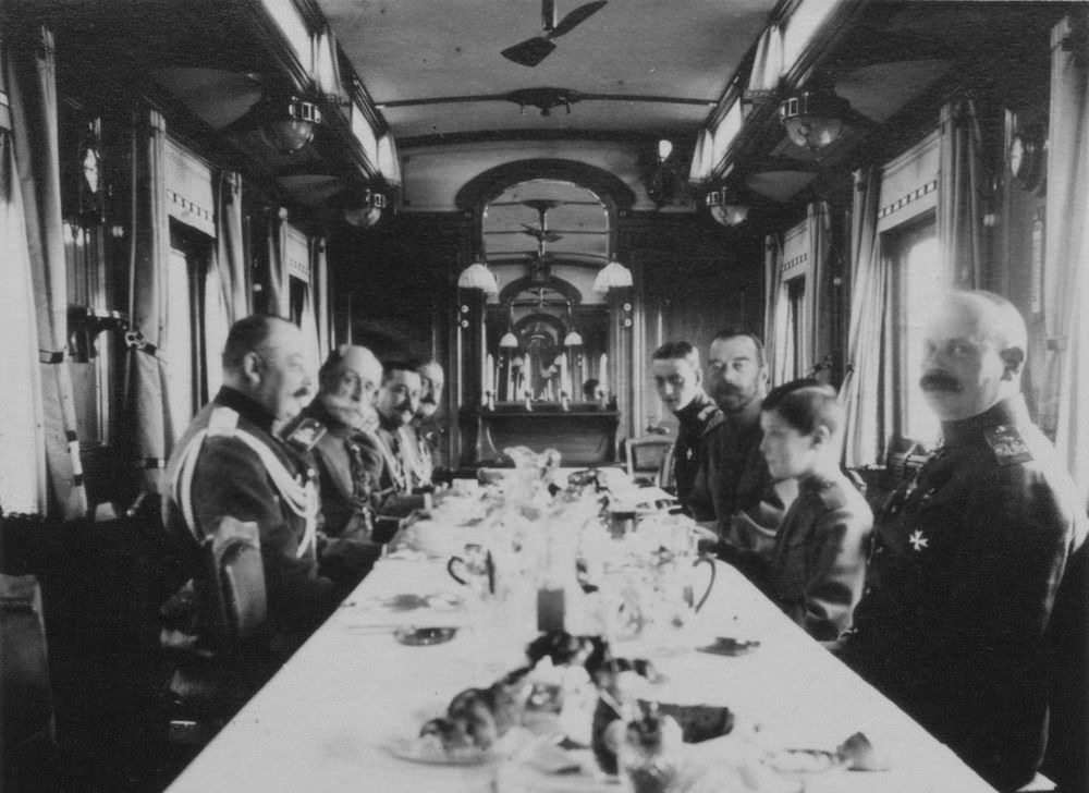 Tsar Nicholas II hosting a dinner with his generals on the Imperial train.