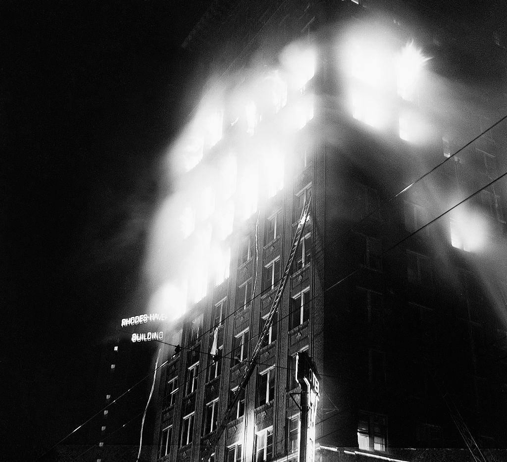 Searing flames burst from the windows of the Winecoff Hotel at the height of the fire that gutted the building