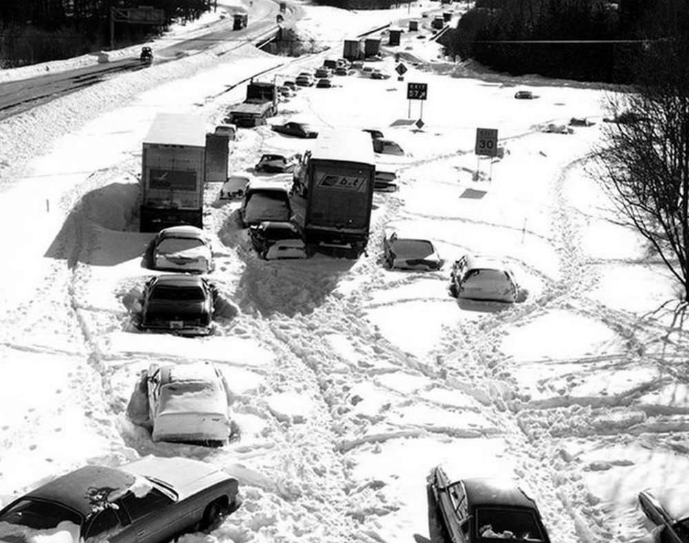 Abandon cars along Route 128 near Needham, Massachusetts, during the Blizzard of 1978.