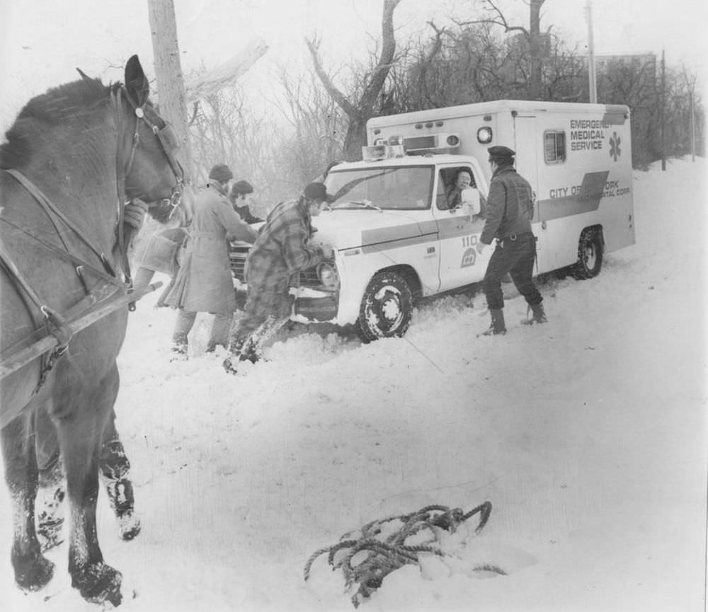 Men struggle to free an ambulance carrying a heart patient that is stuck on Bard Ave., West Brighton.