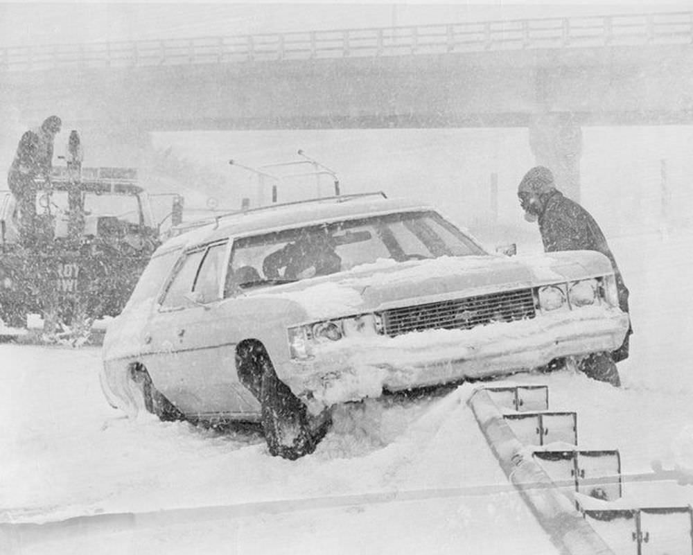 A car rest on top of the Indian Orchard exit of I-291 east in Springfield on Feb. 7, 1978.