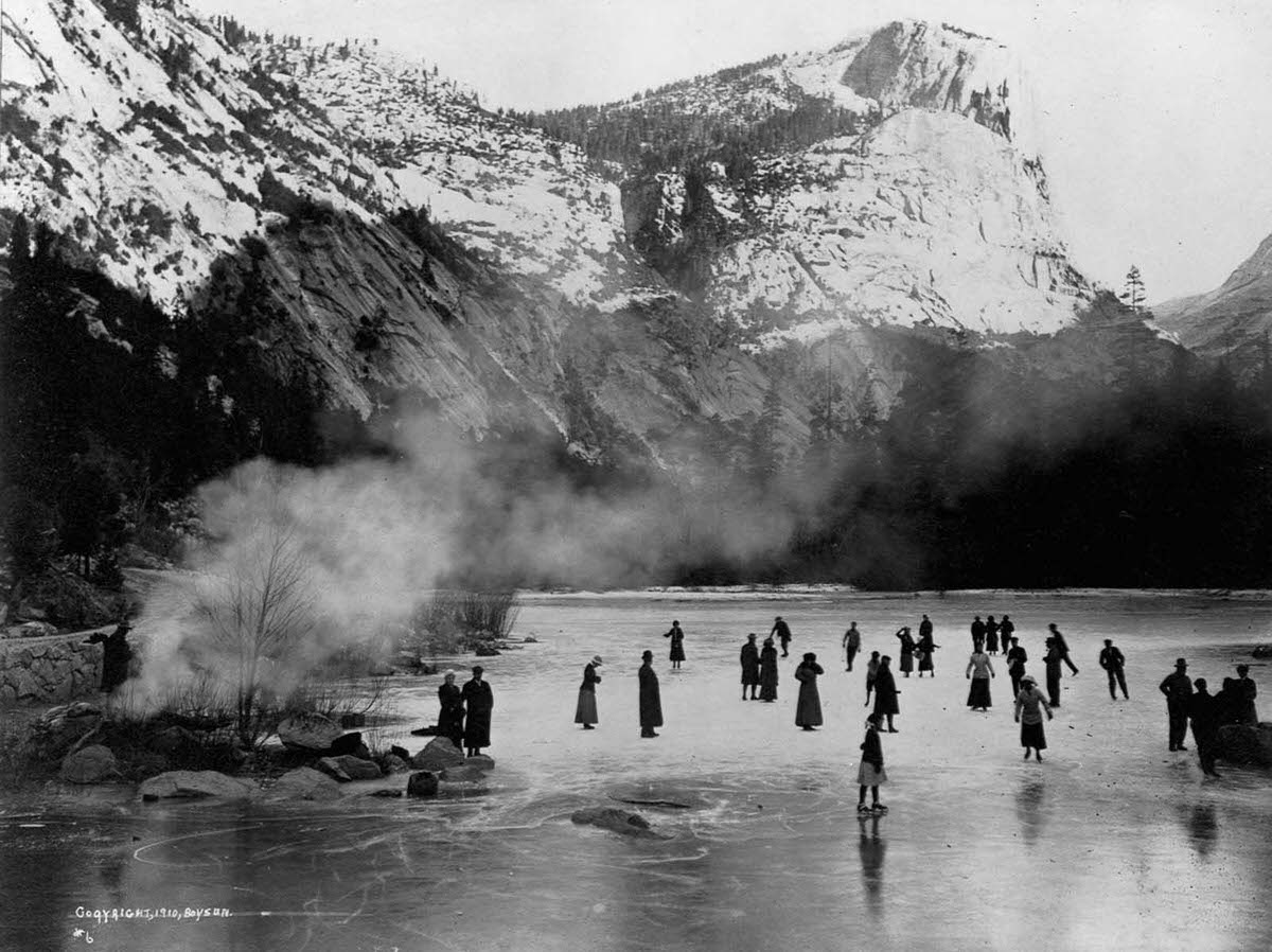 Tourists skate on a frozen lake in Yosemite, 1910.