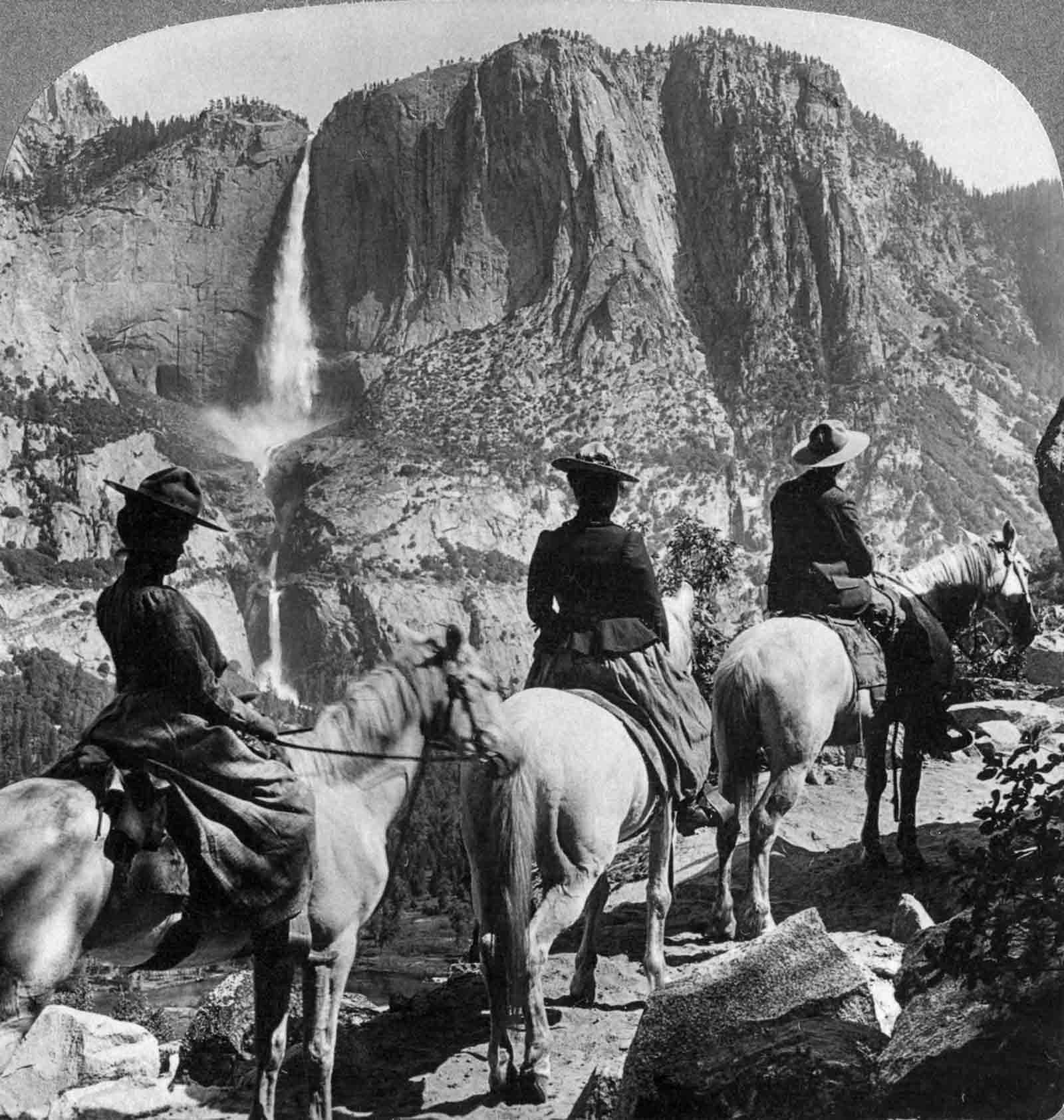 Tourists ride the Glacier Point trail in Yosemite, 1901.