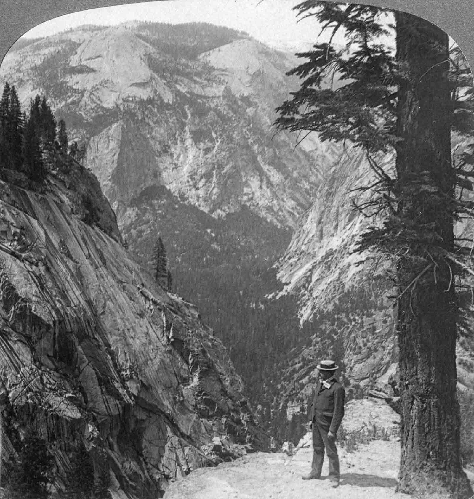 A tourist looks out over the Yosemite Valley, 1902.