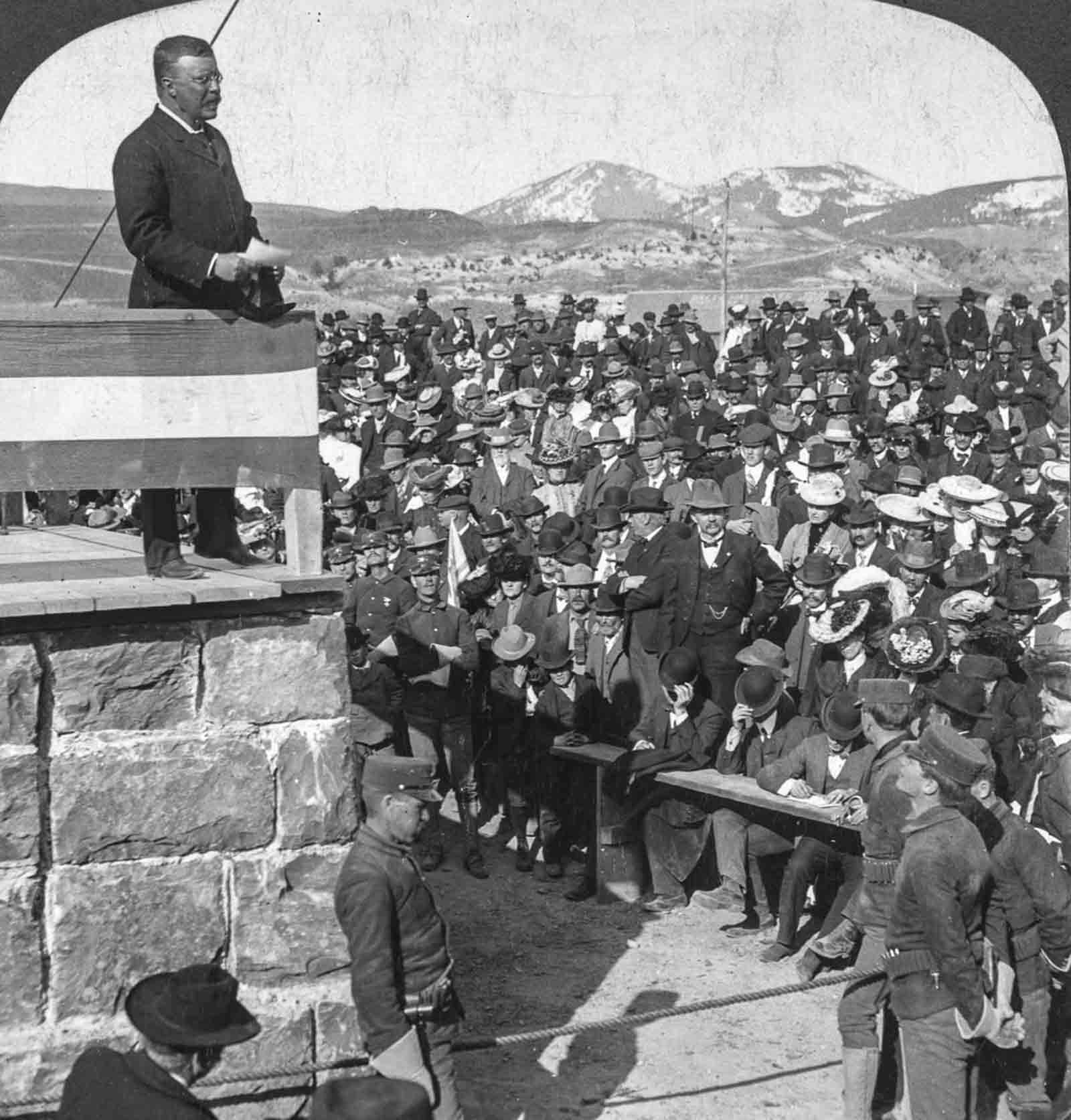 President Theodore Roosevelt addresses a crowd at the entrance to Yellowstone National Park, 1903.