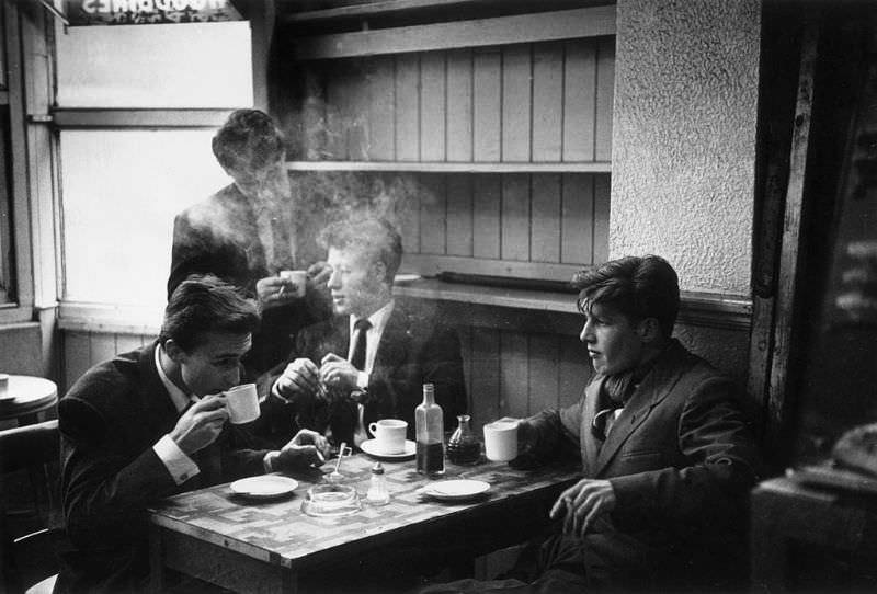 A group of 'spivs' at a local cafe in the Notting Hill Gate area of London, 1954.