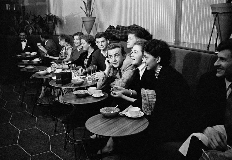 Young people at a cafe in London, 1955.
