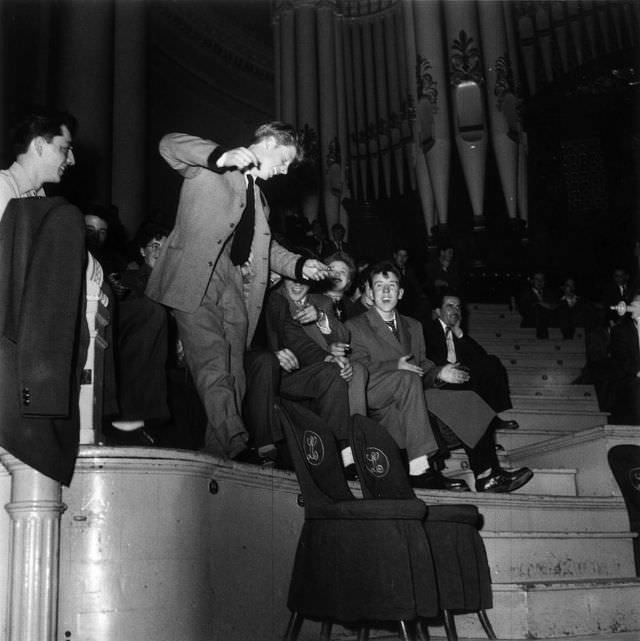 A Teddy boy jiving at a jazz and hot gospel concert in Leeds town hall, 1955.