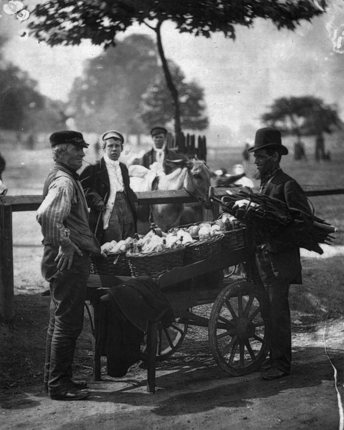 “Mush-Fakers” and ginger beer makers with their cart, 1877.