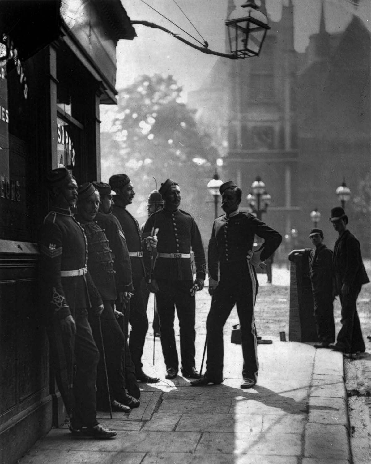 British Army recruiting sergeants outside a public house at Westminster, 1877