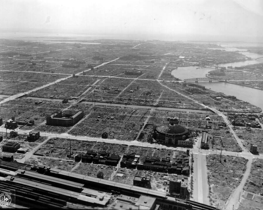 At the time, Tokyo was a city largely comprised of wooden buildings. General LeMay strategically used napalm-filled firebombs to ensure maximum destruction and pain. August 1945.