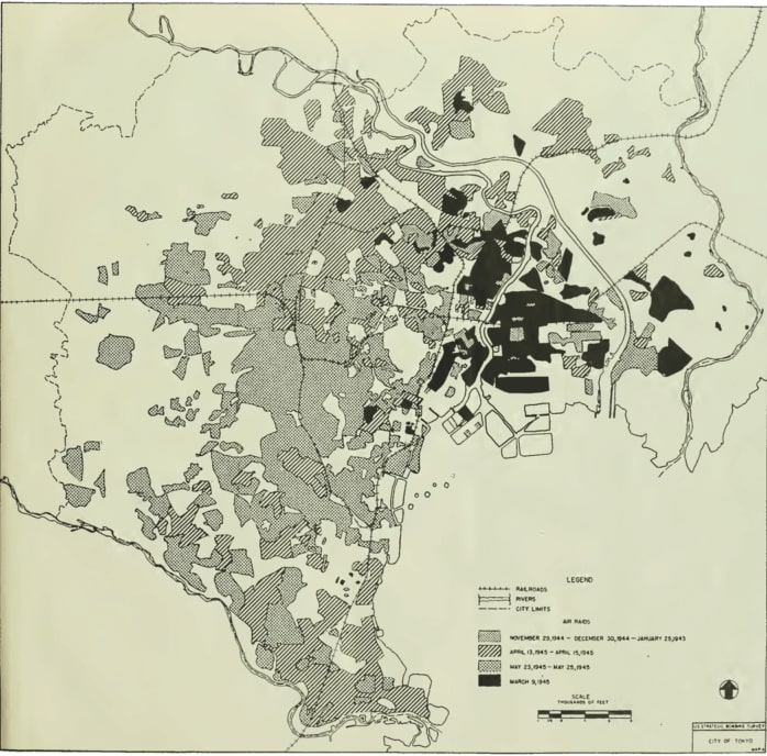 A map of the U.S. Army Air Force's strategic bombing campaign on Tokyo on March 9-March 10, 1945. The aim was to cripple Japan's industrial war efforts and strike targets that would render them as functionally useless as possible. Nonetheless, the black-inked areas were largely home to civilians.